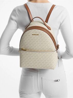 Michael Kors Sheila Medium Zip Backpack Travel Trip Canvas MK Logo Vanilla New